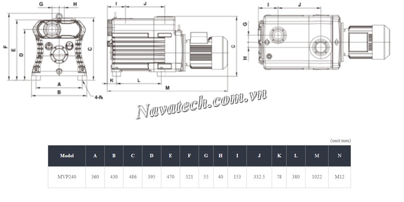 Kích thước bơm hút chân không vòng dầu 2 cấp Woosung MVP240