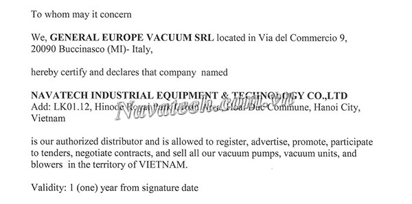 Chứng nhận phân phối Navatech của công ty GEV