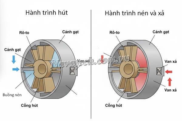 Nguyên lý cánh gạt khô (Dry rotary vane vacuum pump)